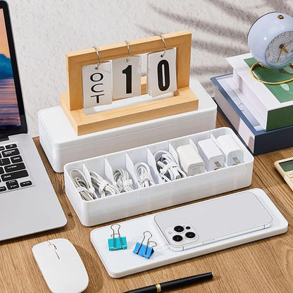 Tatuo 2 Pcs Cord Organizer for Drawer Desktop, Cable Organizer Box with 8 Compartments and Wire Ties, Plastic Charger Storage with Lid, Electronics Case for Home Office Accessories (Small,White)