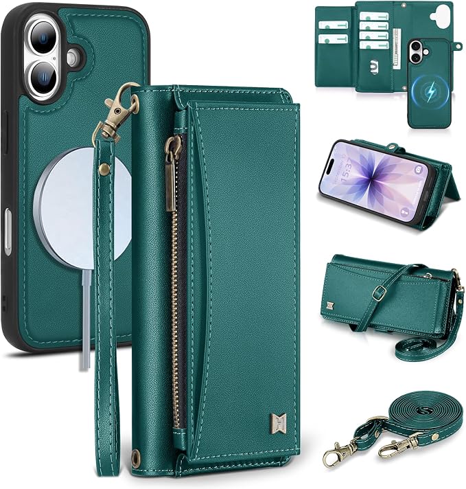 Wallet Case for iPhone 17 with Card Holder/Crossbody Wallet/Strap,[RFID Blocking][Magnetic] PU Leather Phone Case for iPhone 17,6.3 in,Green