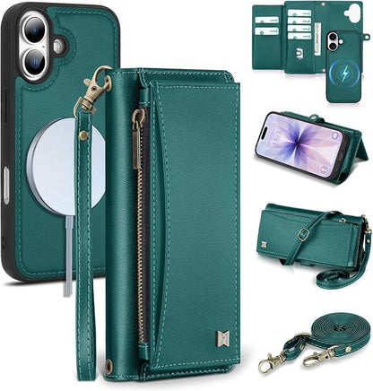 Wallet Case for iPhone 17 with Card Holder/Crossbody Wallet/Strap,[RFID Blocking][Magnetic] PU Leather Phone Case for iPhone 17,6.3 in,Green