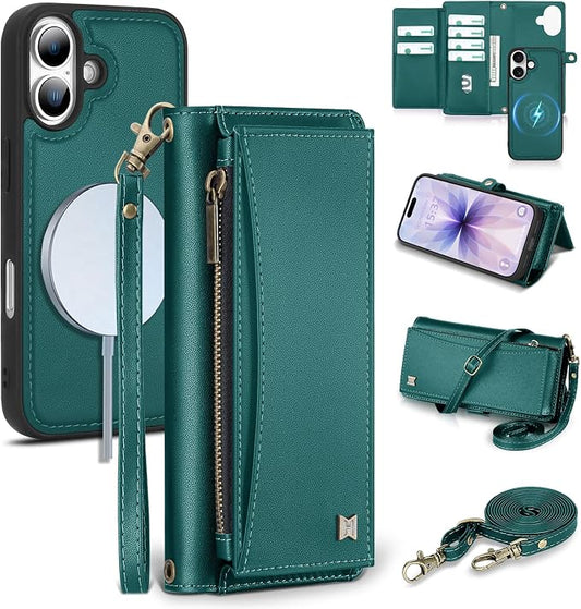 Wallet Case for iPhone 17 with Card Holder/Crossbody Wallet/Strap,[RFID Blocking][Magnetic] PU Leather Phone Case for iPhone 17,6.3 in,Green