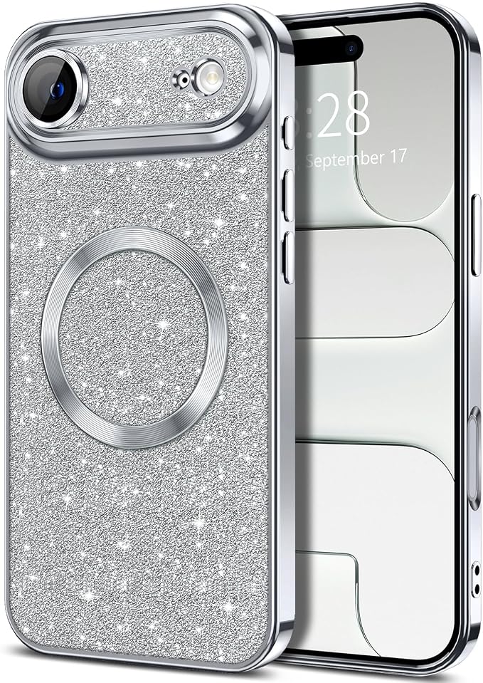 Hython for iPhone Air Case Glitter Clear Magnetic Phone Cases [Compatible with MagSafe] Full Camera Lens Protector Sparkle Luxury Plating Slim Shockproof Protective Cover Women, Silver