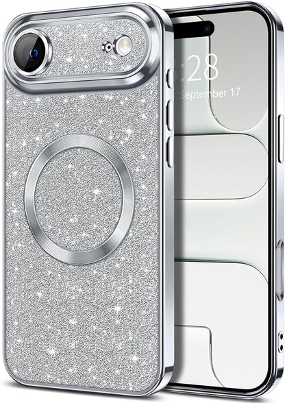 Hython for iPhone Air Case Glitter Clear Magnetic Phone Cases [Compatible with MagSafe] Full Camera Lens Protector Sparkle Luxury Plating Slim Shockproof Protective Cover Women, Silver