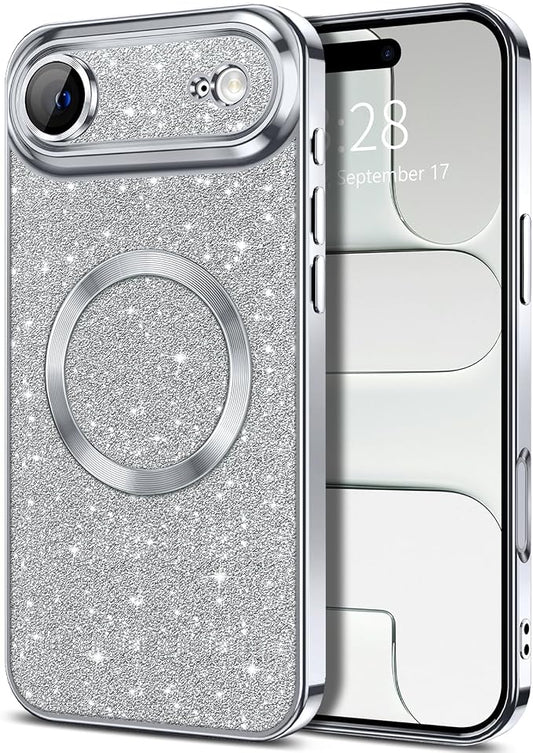 Hython for iPhone Air Case Glitter Clear Magnetic Phone Cases [Compatible with MagSafe] Full Camera Lens Protector Sparkle Luxury Plating Slim Shockproof Protective Cover Women, Silver