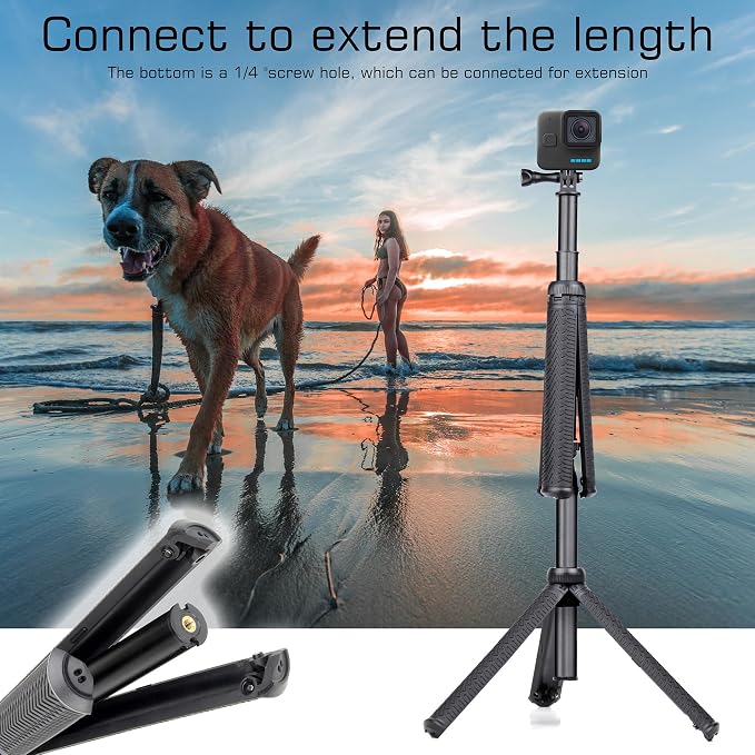 GEPULY Waterproof Selfie Stick Underwater Tripod Pole Hand Grip for Go Pro Hero 13 12 11 10 9 8 7 6 5 4, AKASO,SJCAM,DJI Action 6 Cameras(3-in-1: Monopod,Selfie Stick,Tripod Stand)