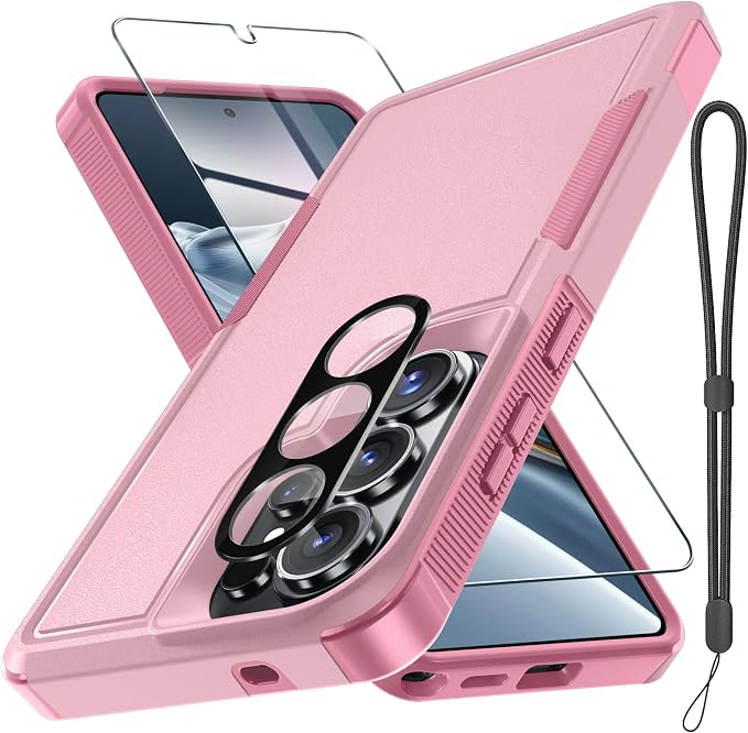for Samsung Galaxy S26 Ultra Case with Screen Protector+Camera Lens Cover,Military Grade Heavy Duty Shockproof Phone Cover with Wrist Lanyard Strap for Samsung S26Ultra,Cute Pink
