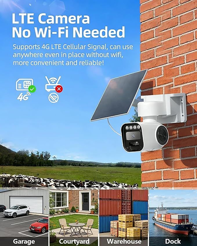 4G LTE Cellular Security Camera Solar Security Cameras Wireless Outdoor No WiFi Security Camera 24/7 Recording,2K Color Night Vision,2-Way Talk,Cloud & SD Card Storage,IP65,Built-in SIM Card