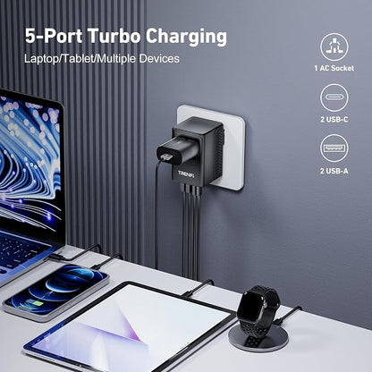 TRENFI 65W GaN Universal Travel Adapter USB C Charger | Type A Port, AC Outlet, PD3.0 QC3.0 Fast Charge, Dual Voltage Check, Laptop Phone Tablet, Cruise Hotel Carry On
