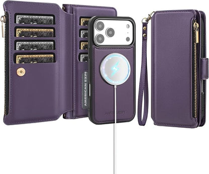 Antsturdy Compatible with Magsafe Magnetic 2 in 1 Detachable iPhone 17 Pro Wallet Case with Credit Card Holder Slots,PU Leather RFID Blocking Phone Cover Wrist Strap Zipper Women Men,Purple