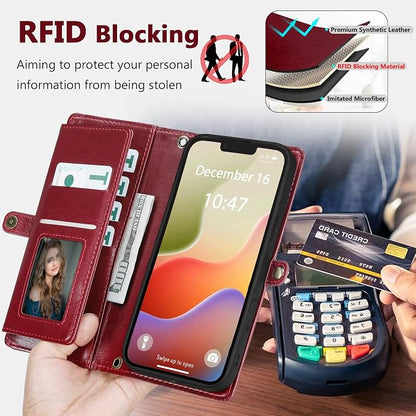 Wallet Case for iPhone 14 Plus with Card Holder/Crossbody Wallet/Strap| RFID Blocking | Magnetic | Kickstand | Detachable | PU Leather Phone Case for iPhone 14 Plus,6.7 in,Wine Red