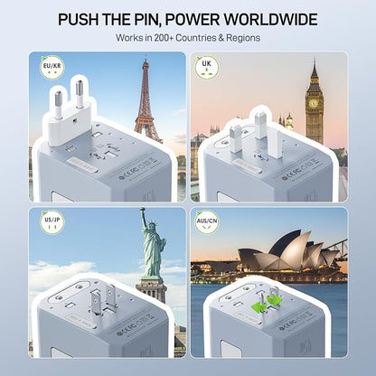 EPICKA Universal Travel Adapter GaN 45W, European Travel Plug Adapter with PD&QC Fast Charging(2 USB-A & 3 USB-C Ports) - Worldwide Travel Essentials, International Power Adapter for UK/US/AU (Blue)