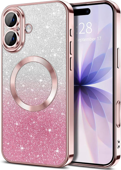 Hython for iPhone 17 Case Glitter Clear Magnetic Phone Cases [Compatible with MagSafe] Full Camera Lens Protector Sparkle Luxury Plating Slim Shockproof Protective Cover Women, Gradient Pink