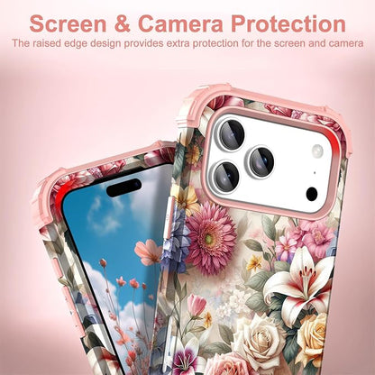 Hocase for iPhone 17 Pro Max Case, Heavy Duty Shockproof Protection Soft Silicone Rubber+Hard Plastic Bumpers Hybrid Protective Case for iPhone 17 Pro Max 2025 - Rose Flowers