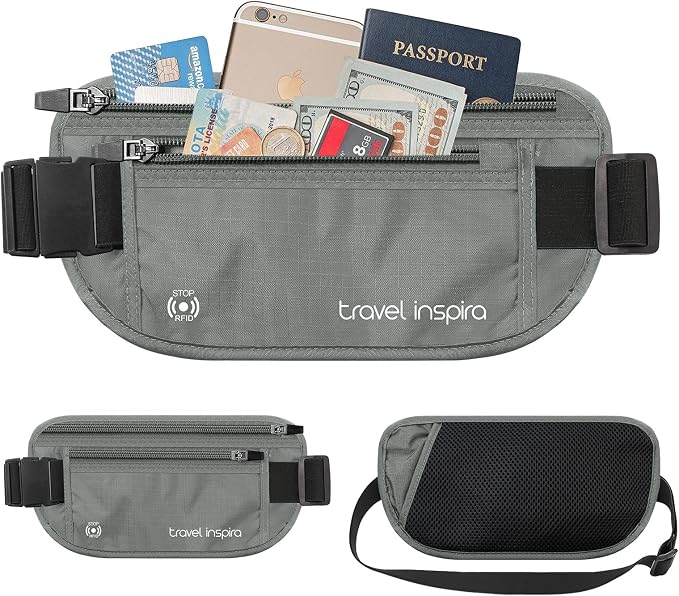 travel inspira Travel Money Belt with Slim Anti-Theft RFID Blocking Passport Holder for Travel Concealed under Clothes for Ultimate Protection of Credit Cards, Cash, Passport & Documents, Grey