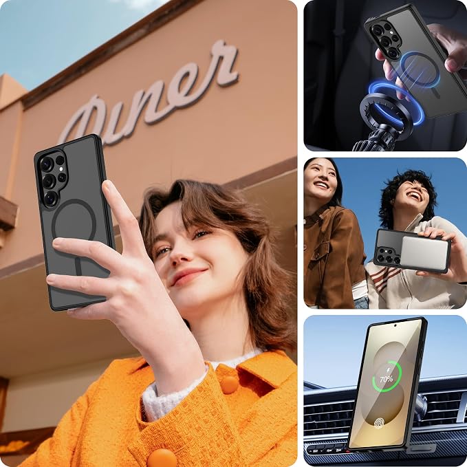 For Samsung Galaxy S25 Ultra Case [Compatible with Magsafe] Translucent Matte Magnetic S25 Ultra Phone Case,SlimThin Duty Shockproof Protection Cover with 2pc HD Screen Protector for S25 Ultra-Black