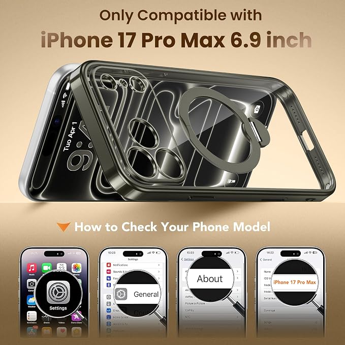 GolbinBox for iPhone 17 Pro Max Case with 360° Spin Magnetic Stand,[Compatible with Magsafe] [Military Protection][Built-in Ring Holder] Camera Control Phone Case for 17 Pro Max,Titanium Gray/Clear