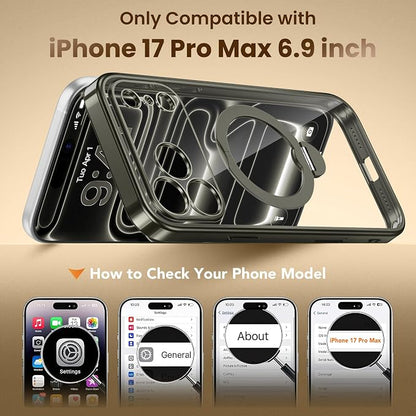 GolbinBox for iPhone 17 Pro Max Case with 360° Spin Magnetic Stand,[Compatible with Magsafe] [Military Protection][Built-in Ring Holder] Camera Control Phone Case for 17 Pro Max,Titanium Gray/Clear
