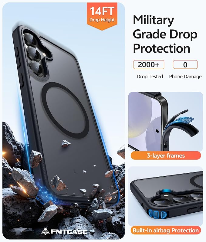 FNTCASE for Samsung Galaxy S25/S24 Case, Fit for Magsafe, Screen Protector | Translucent Matte Magnetic Back, 14FT Military Grade Drop Protection, Shockproof Protective Phone Cover, Black