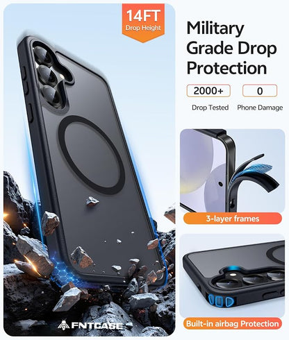 FNTCASE for Samsung Galaxy S25/S24 Case, Fit for Magsafe, Screen Protector | Translucent Matte Magnetic Back, 14FT Military Grade Drop Protection, Shockproof Protective Phone Cover, Black