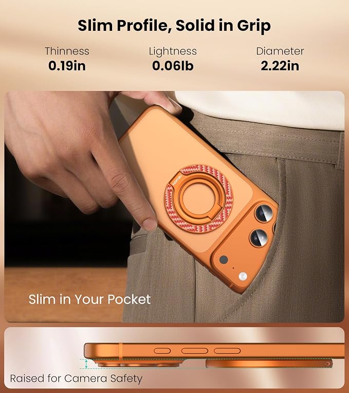 Nillkin MagSafe Phone Grip Ring Holder for Dual-Sided Magnet, Removable Magnetic Phone Ring Holder for iPhone 17/16/Pixel Snap Grip, Carbon Fiber, MagSafe Ring Stand, Accessories for iPhone, Orange ﻿