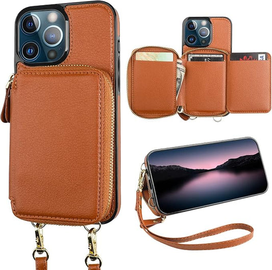 Bocasal RFID Blocking Wallet Case for iPhone 13 Pro, Adjustable Crossbody Zipper Purse Case Card Holder with Kickstand Detachable Wrist Strap, PU Leather Flip Folio Case 6.1 Inch 5G (Brown)