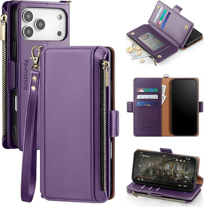 Antsturdy Compatible with iPhone 17 Pro Wallet Case Women,RFID Blocking PU Leather Phone Case Men Kickstand Flip Cover Wrist Strap Zipper Credit Card Holder Slots for Apple 17 Pro 6.3",Purple