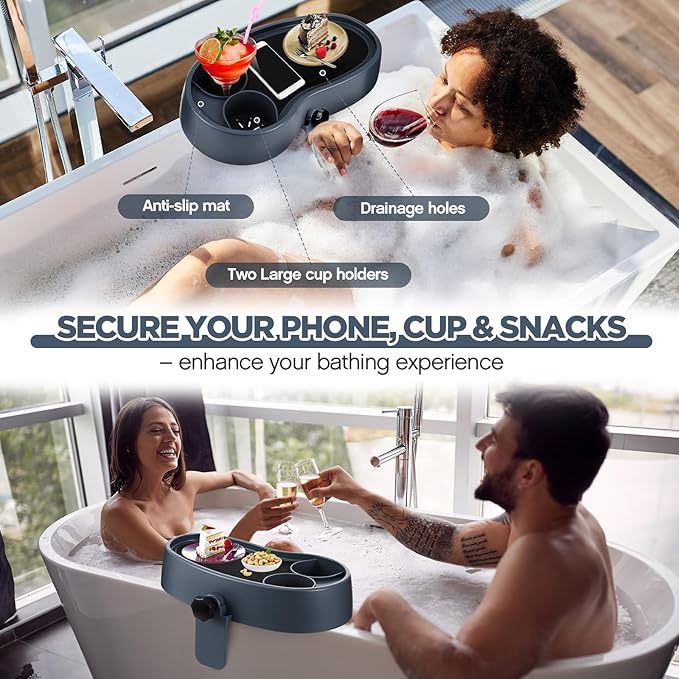 Geelin 3 Pcs Hot Tub Table Tray, Adjustable Aboveground Bathtub Tray with 2 Cup Holder, Between 2'' to 7.5'' Nonslip Hot Tub Accessories Shelf Drinks Snacks Phone Holder for Spa Bathtub (Navy Blue)