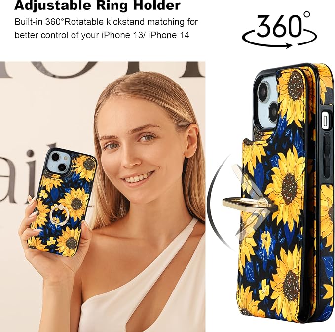 HAOPINSH for iPhone 13/ iPhone 14 Wallet Case with Card Holder, 360°Rotation Ring Kickstand, Blooming Sunflowers Pattern, RFID Blocking Leather for Girls Women,Double Buttons Protective Cover 6.1"