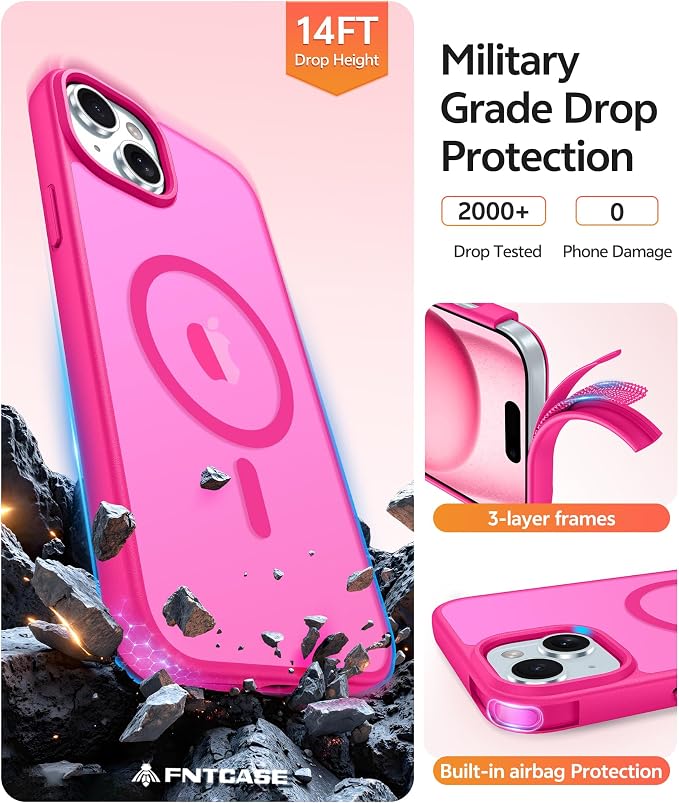 FNTCASE for iPhone 15 Case: for iPhone 14 Case & iPhone 13 Case [Compatible with Magsafe] Translucent Matte Cases with [Screen Protector] Military Grade Shockproof Protective Phone Cover - Hot Pink