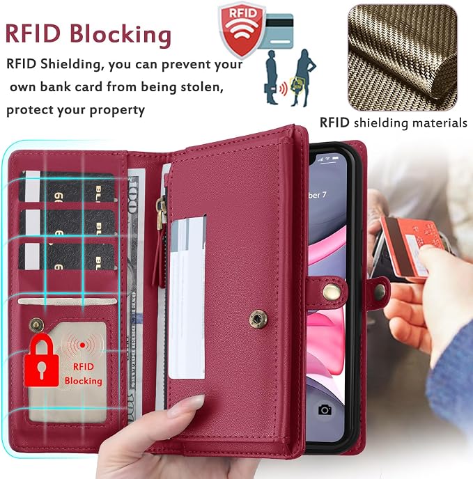 for Wallet Case Compatible with iPhone 12,Multi-Function Detachable 2 in 1 Magnetic iPhone 12 Case Wallet,Flip Strap Zipper Card Holder Phone Case with Shoulder Straps (Red)