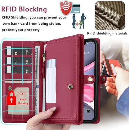 for Wallet Case Compatible with iPhone 11,Multi-Function Detachable 2 in 1 Magnetic iPhone 11 Case Wallet,Flip Strap Zipper Card Holder Phone Case with Shoulder Straps (Red)