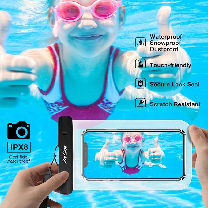 ProCase Waterproof Phone Pouch for iPhone 17 Air 16 15 14 13 12 11 Pro Plus Max Mini Xs XR X 8 7 Galaxy S23 S22 S21 Ultra Note Black Underwater Case, up to 7" -Clear