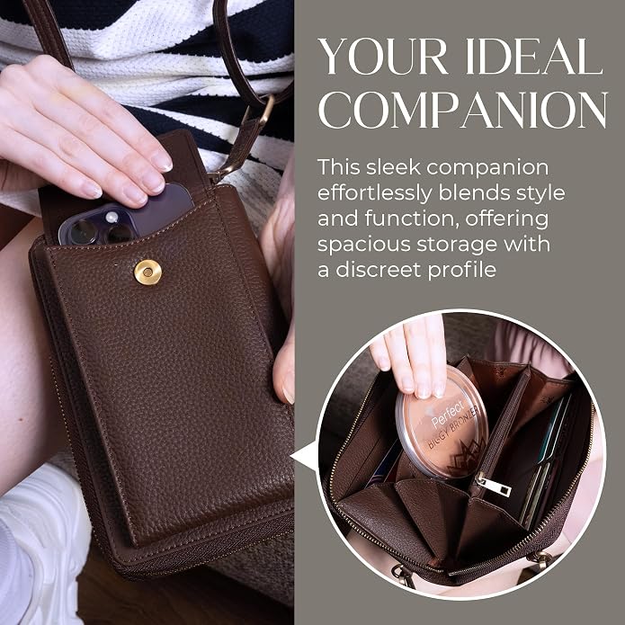 BULL GUARD Crossbody Leather Wallet Phone Purse, Anti Theft and RFID Blocking, Elegant Design for Travel