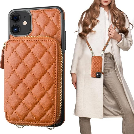 Bocasal Crossbody Wallet Case for iPhone 11, RFID Blocking PU Leather Zipper Handbag Purse Flip Cover, Kickstand Folio Case with Card Slots Holder Wrist Strap Lanyard 6.1 Inch (Brown)