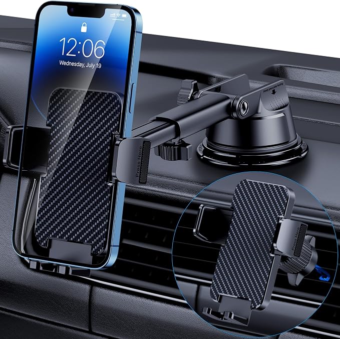 Phone Holders for Your Car [Military Grade Suction Ultra Strong Base] Cell Phone Car Holder 3 in 1 Dashboard/Windshield/Air Vent Hands-Free for iPhone Android