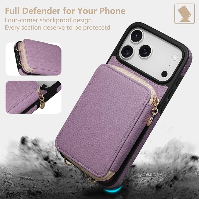 Keallce Case for iPhone 17 Pro Max 6.9'' Case Wallet, Crossbody Zipper Purse with RFID Blocking Card Slots Kickstand, Lanyard & Handstrap Flip Folio Leather Phone Cover for iPhone 17 Pro Max, Purple