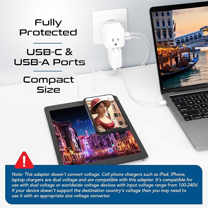 Ceptics Chile, Rome, Italy Travel Plug Adapter Set, Chile plug adapter USB-USB-C 20W PD-QC 18W, 2 Outlet, US to Italy plug adapter for Lybia, Uruguay Includes Type C, L SWadAPt Attachments - PAK-IT