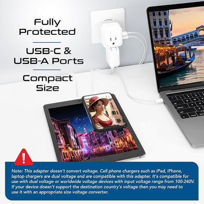 Ceptics Chile, Rome, Italy Travel Plug Adapter Set, Chile plug adapter USB-USB-C 20W PD-QC 18W, 2 Outlet, US to Italy plug adapter for Lybia, Uruguay Includes Type C, L SWadAPt Attachments - PAK-IT