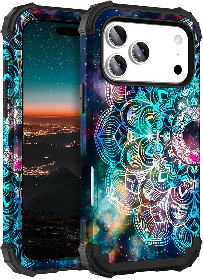 Hocase for iPhone 17 Pro Case 6.3", Heavy Duty Shockproof Protection Soft Silicone Rubber+Hard Plastic Bumpers Hybrid Protective Case for iPhone 17 Pro 2025 - Mandala in Galaxy