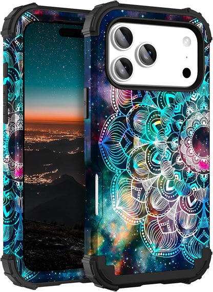 Hocase for iPhone 17 Pro Case 6.3", Heavy Duty Shockproof Protection Soft Silicone Rubber+Hard Plastic Bumpers Hybrid Protective Case for iPhone 17 Pro 2025 - Mandala in Galaxy
