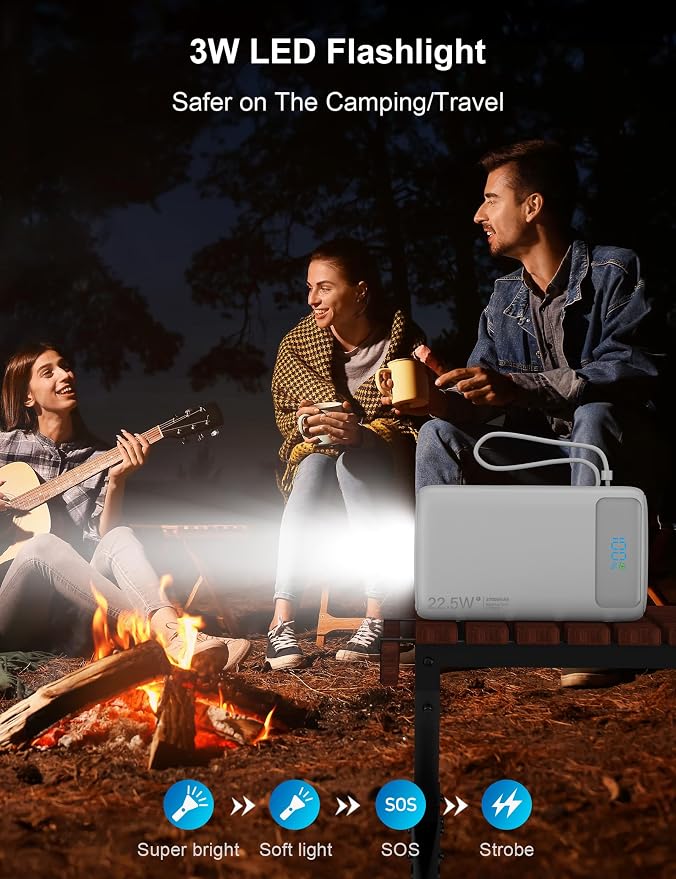 Portable Charger, 27000mAh 22.5W Fast Charging Power Bank with Built-in Cable, USB C Battery Pack with LED Display/Flash Light, Travel Essential External Battery Charger Bank for iPhone Samsung White
