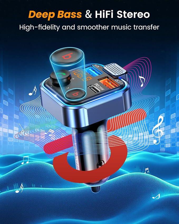 LENCENT FM Transmitter in-Car Adapter, Type-C PD 20W+ QC3.0 Fast USB Charger, Wireless Bluetooth 5.3 Radio Car Kit, Hands-Free Calling, MP3 Player Receiver Hi Fi Bass, Support U Disk