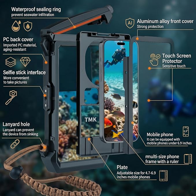 Gen 5th Diving Phone Case for iPhone 17 16 15 14 13 12 11 Pro Max Galaxy S25 S24 S23 Ultra, [98ft/30m] Waterproof Shellbox Underwater Camera Housing, Professional for Scuba Snorkeling (Gray)