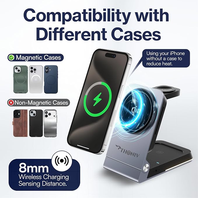 THONIV- Qi2 3-in-1 Magnetic Wireless Charging Station, Foldable 15W Fast Charger for iPhone 11–17 Series, Apple Watch and Wireless Earbuds, Portable Travel Dock, MagSafe Compatible, 30W Adapter