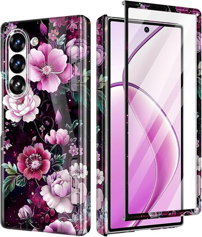 Btscase for Samsung Galaxy Z Fold 6 Case,Built in Front Screen Protector,Gold Glitter Marble Pattern Hard PC Slim Shockproof Full Body Drop Protective Case for Galaxy Z Fold 6 5G, Purple Red
