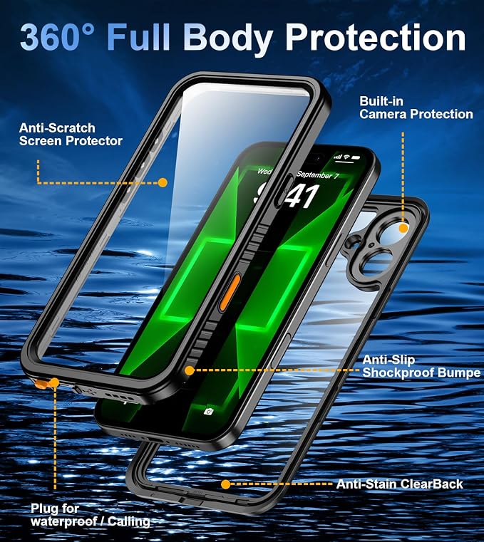 Oterkin Waterproof Case for iPhone 16 Case, 360° Full Body Rugged 16 Phone Case with Built-in HD Screen & Camera Protector [12FT Military Grade Protection] Shockproof Dropproof iPhone16 Case (Black)