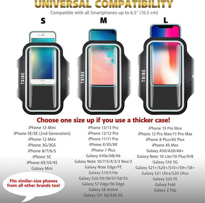 TRIBE Water Resistant Cell Phone Armband Case Running Holder for iPhone Pro Max Plus Mini SE (13/12/11/X/XS/XR/8/7/6/5) Galaxy S Ultra Plus Edge Note (21/20/10/9/8/7/6/5) Adjustable Strap & Key Pocket