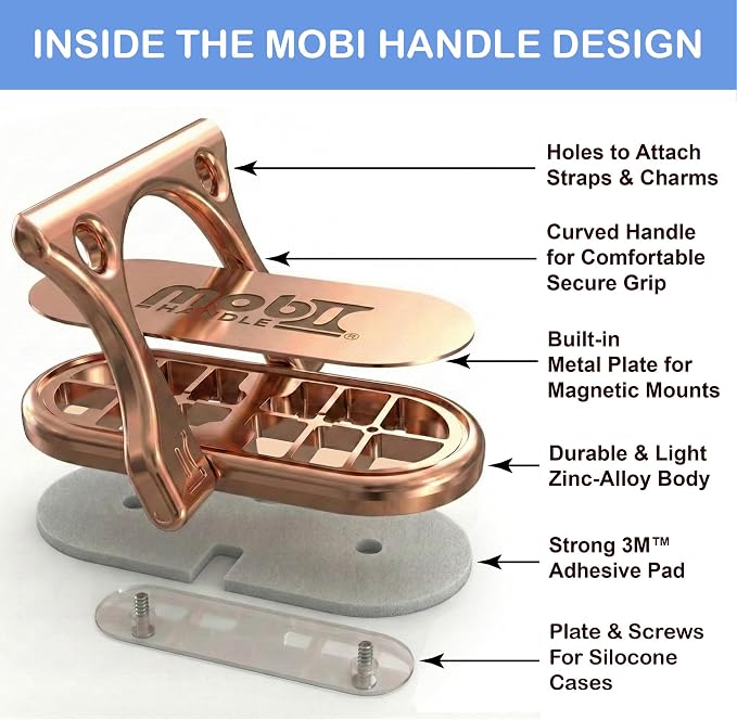 Patented 3-Finger Phone Grip & Stand - Comfortable & Secure Loop Holder for iPhone & Android - Ultra-Slim Zinc Alloy - Magnetic Mount Ready - Cell Phone Ring Alternative [Rose Gold]