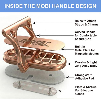 Patented 3-Finger Phone Grip & Stand - Comfortable & Secure Loop Holder for iPhone & Android - Ultra-Slim Zinc Alloy - Magnetic Mount Ready - Cell Phone Ring Alternative [Rose Gold]