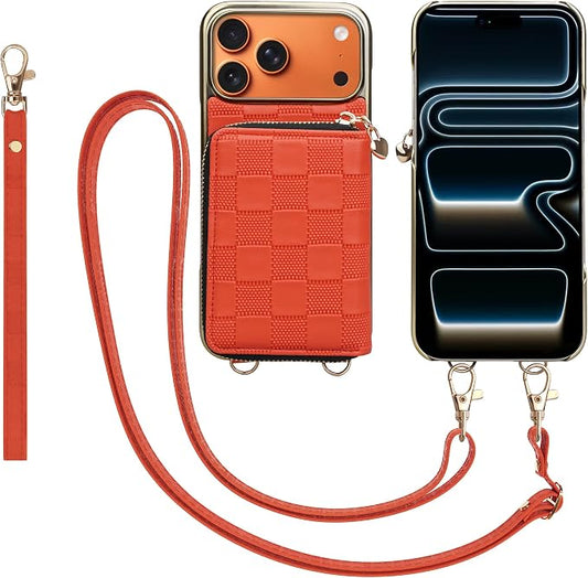 Keallce for iPhone 17 Pro Max 6.9'' Wallet Case, Crossbody Zipper Purse with 4 Card Slots RFID Blocking, Lanyards & Wrist Straps, Flip Leather Folio Cover with Kickstand for iPhone 17 Pro Max, Orange