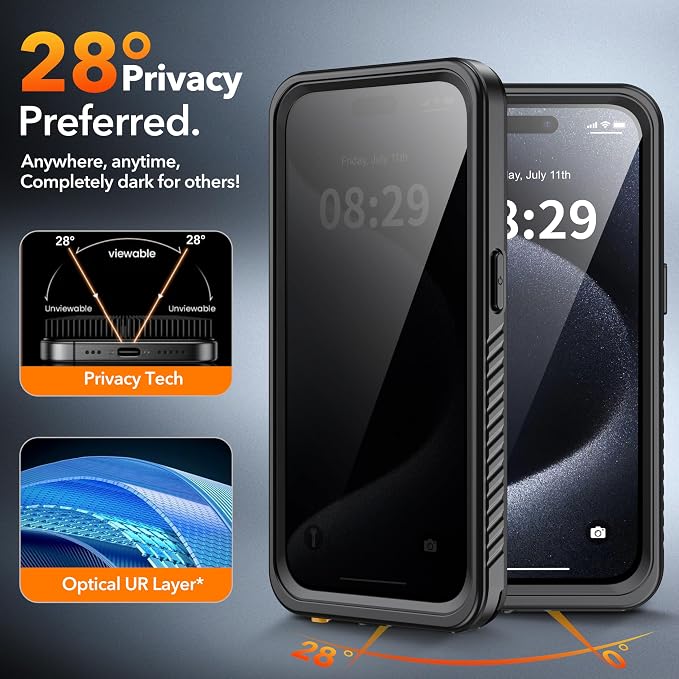 ANTSHARE Waterproof Case for iPhone 15 Pro, with [Built-in Privacy Screen Protector] [IP 68 Underwater], Anti-Peeping Adsorption Full Body Double Protective Case for iPhone 15 Pro, Black